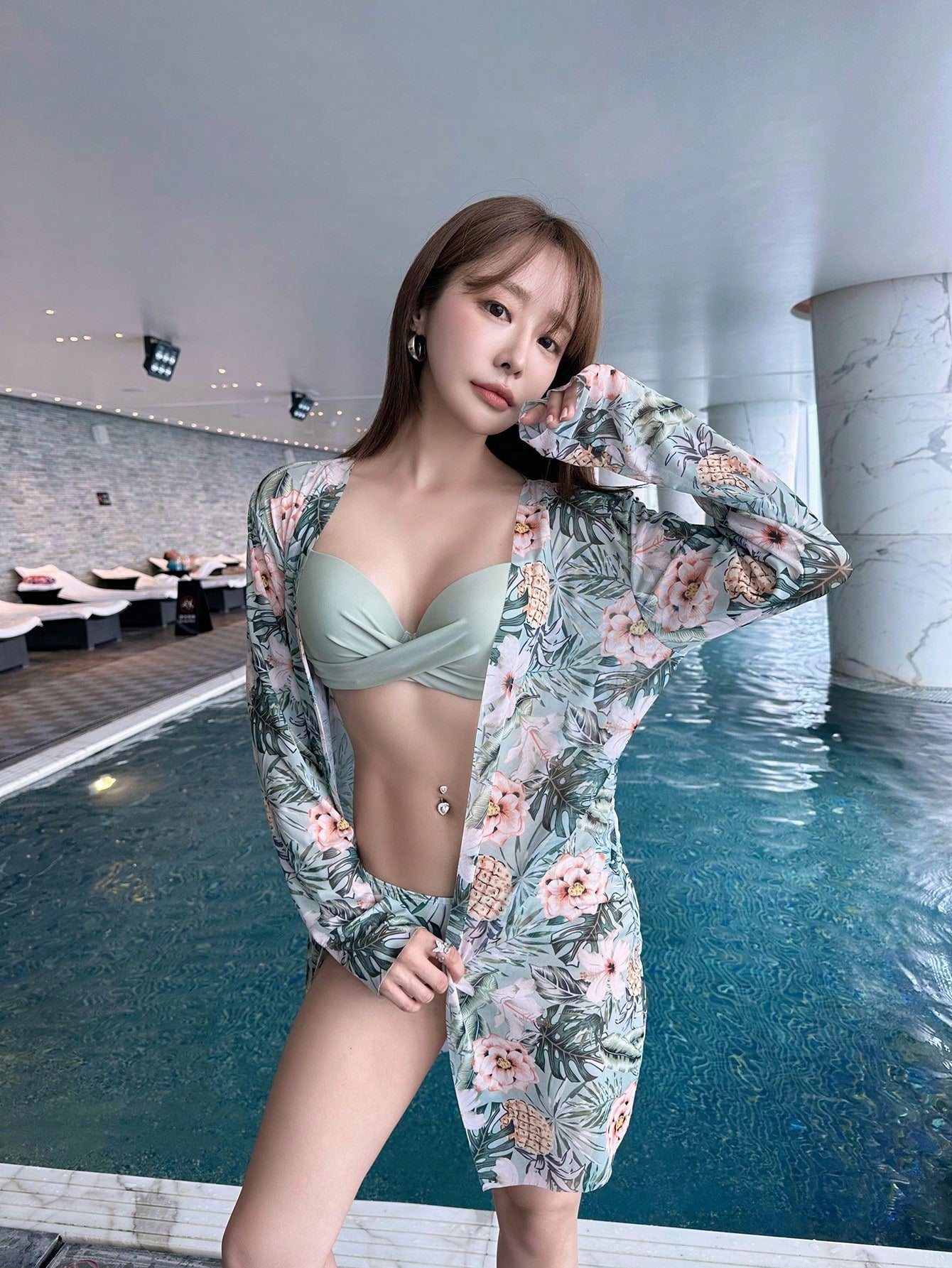 Swim Summer Beach 3Packs Plant Print Push up Bikini & Kimono