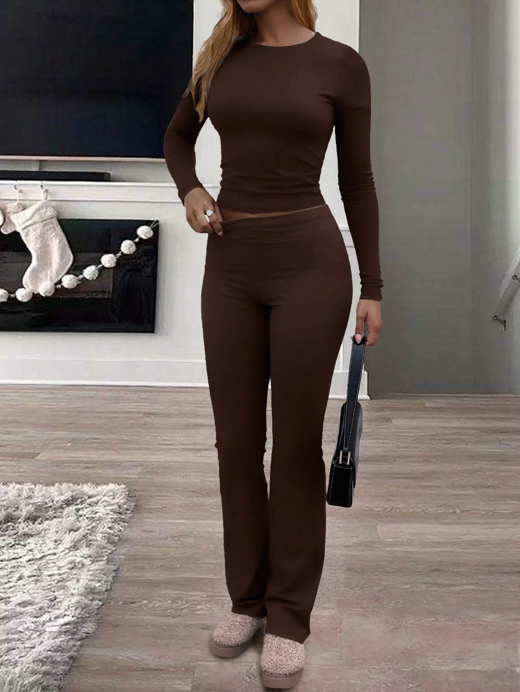 Women'S round Neck Long Sleeve T-Shirt and Pants Casual Matching Set, Versatile for Spring