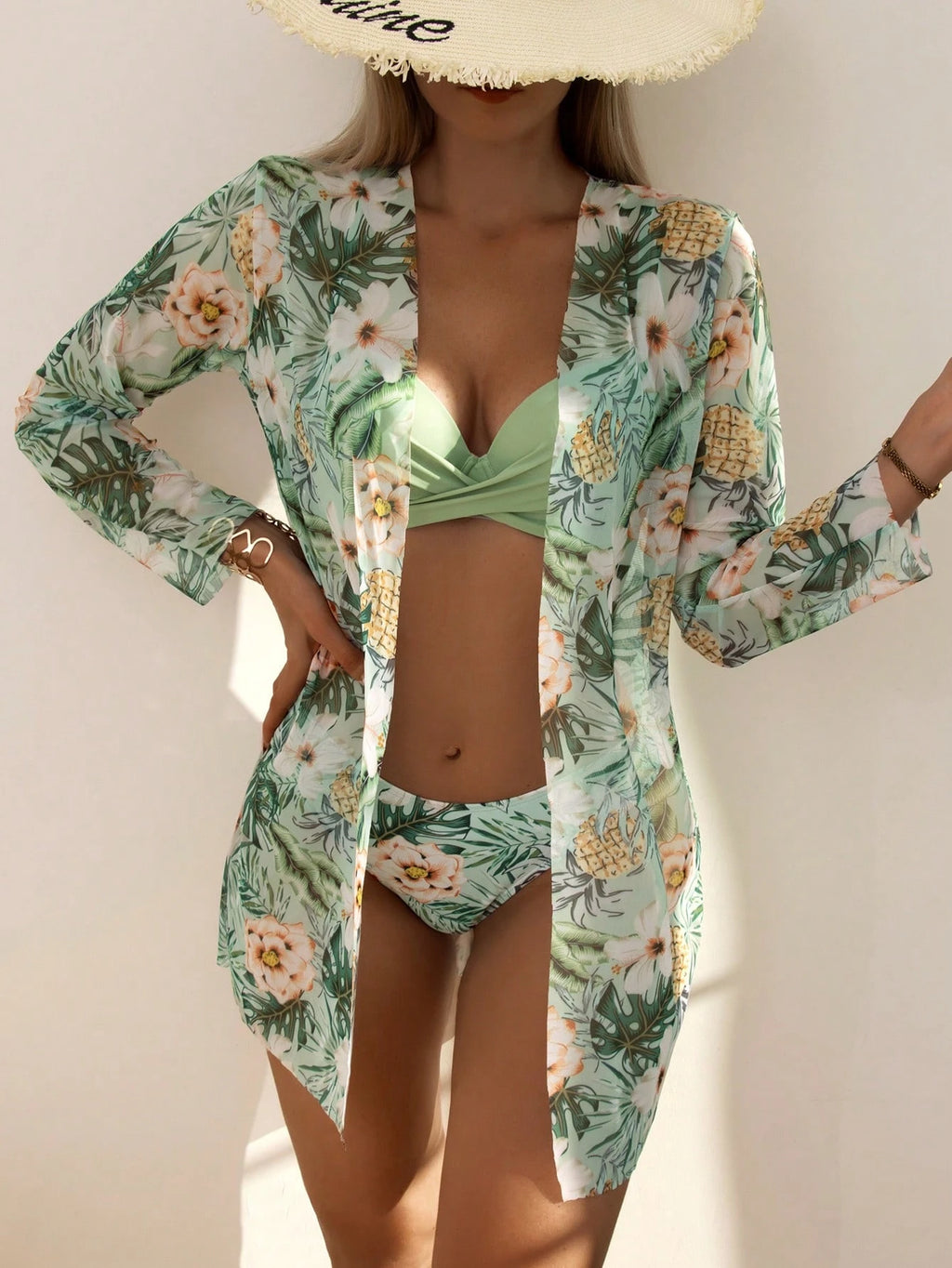 Swim Summer Beach 3Packs Plant Print Push up Bikini & Kimono