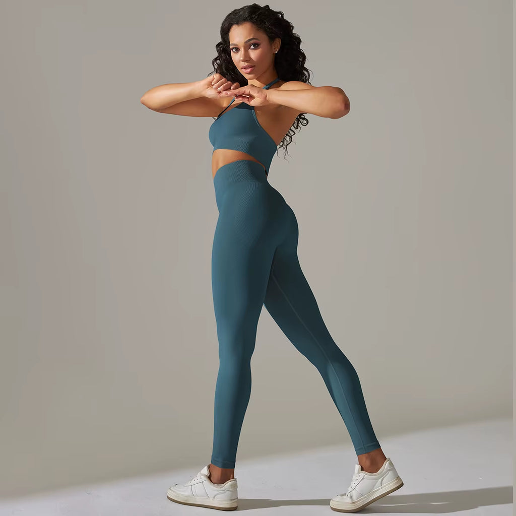 2 Piece Set for Women Seamless Yoga Set Gym Fitness Sports Set Sexy Halter Neck Bra Set High Waist Leggings Tracksuit Sportswear