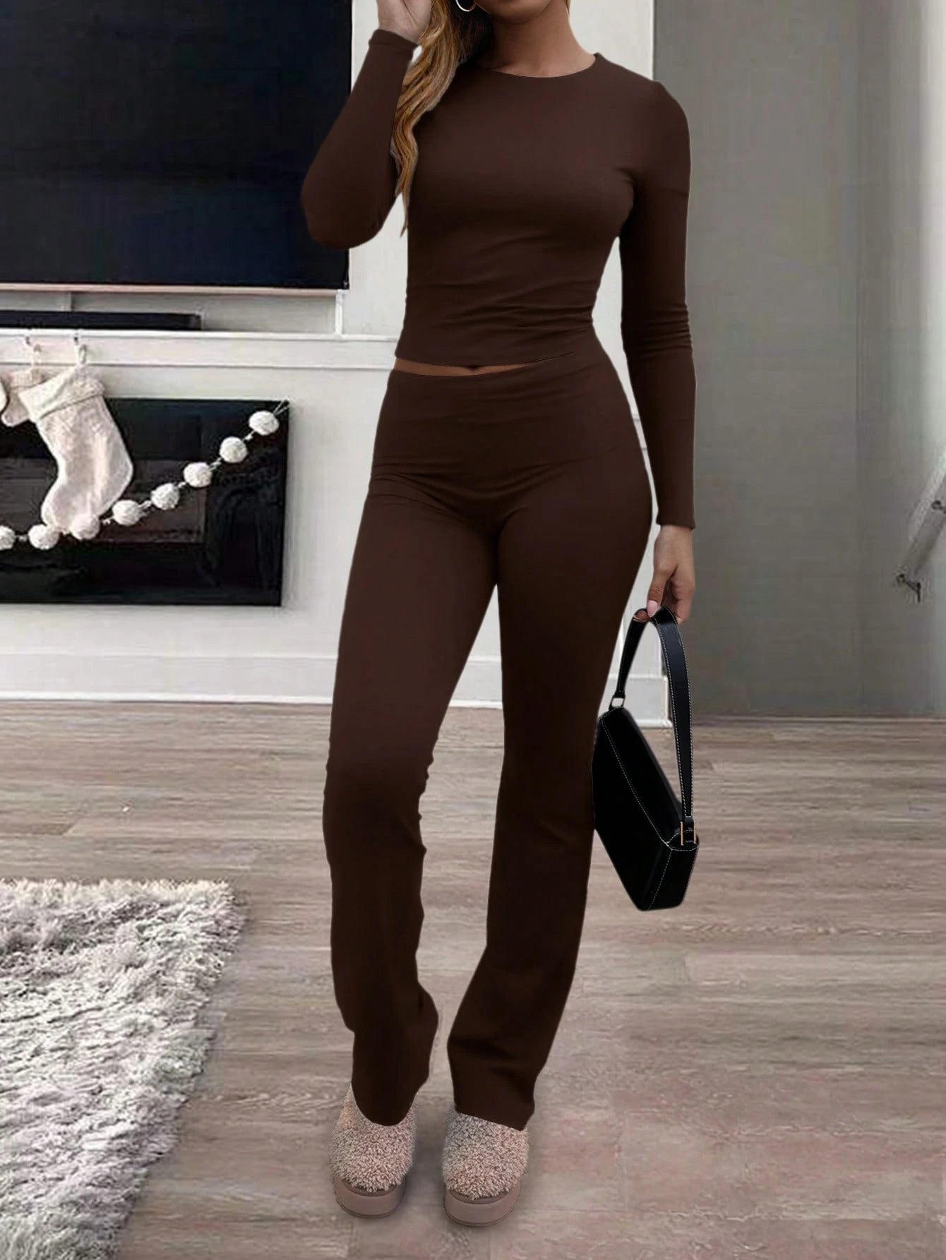 Women'S round Neck Long Sleeve T-Shirt and Pants Casual Matching Set, Versatile for Spring