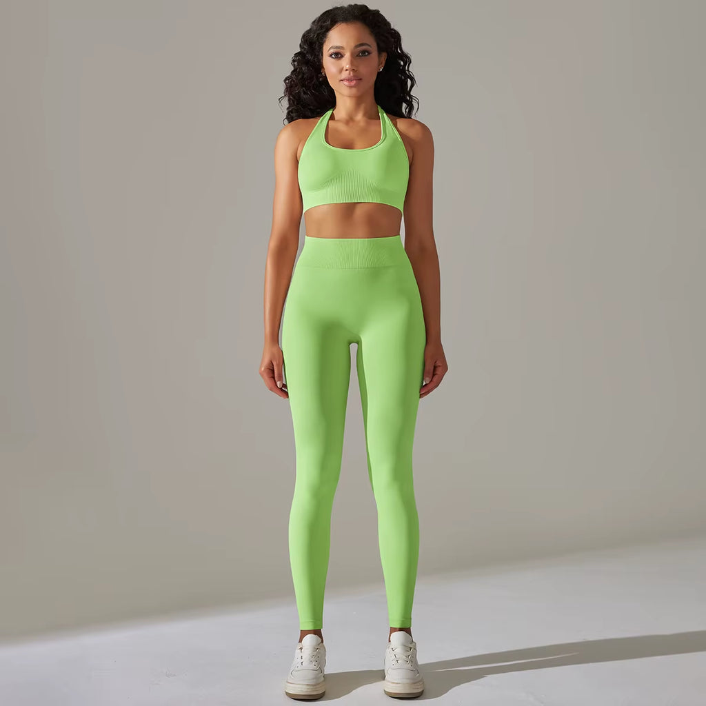 2 Piece Set for Women Seamless Yoga Set Gym Fitness Sports Set Sexy Halter Neck Bra Set High Waist Leggings Tracksuit Sportswear